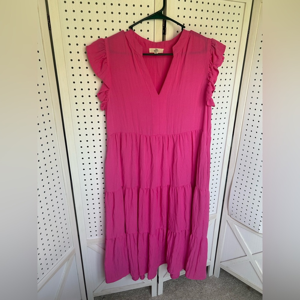 Bright Pink Ruffled Sleeve Tiered Midi Dress